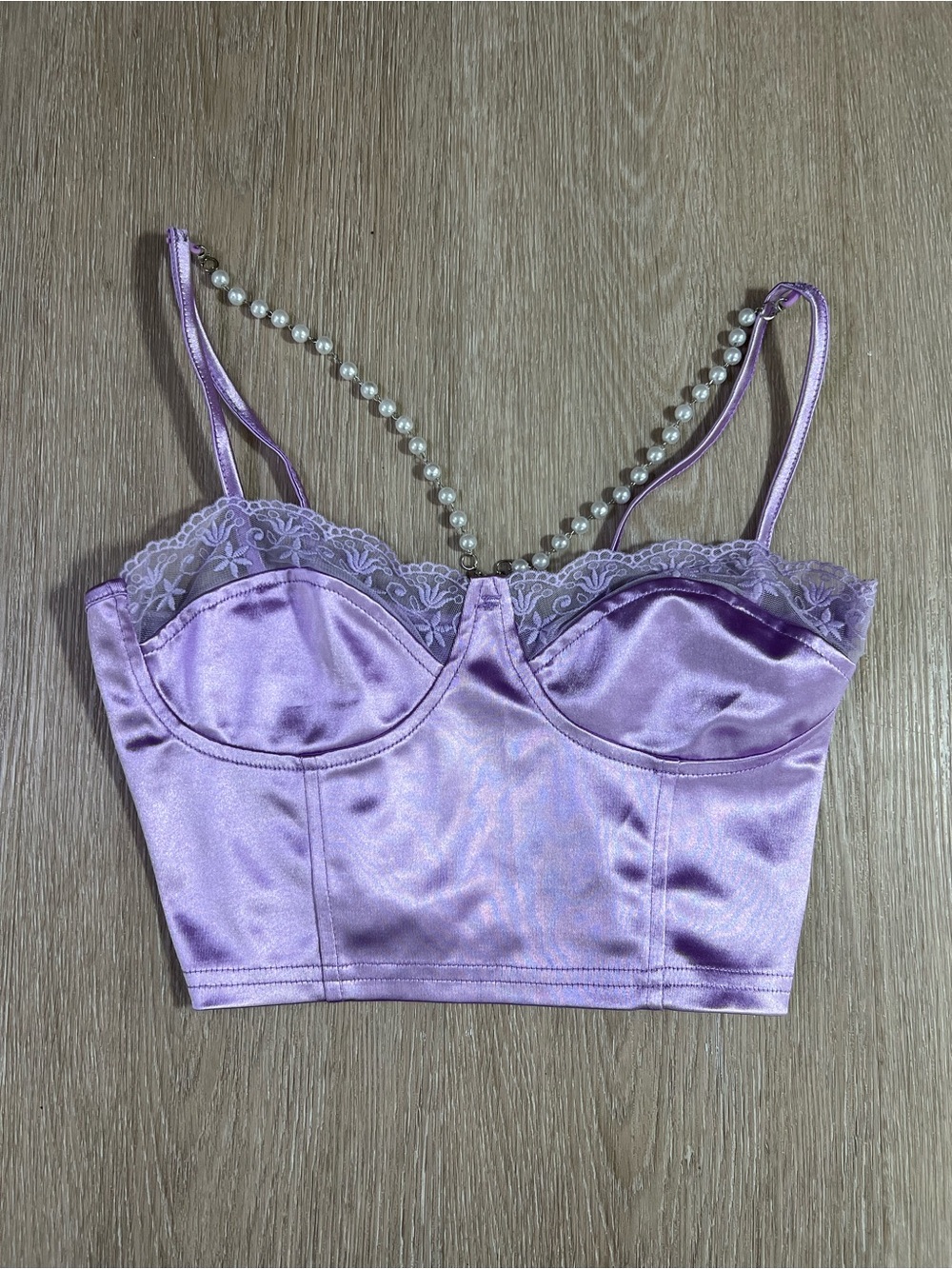 Satin Lace Trim Lilac Beaded Bustier Top